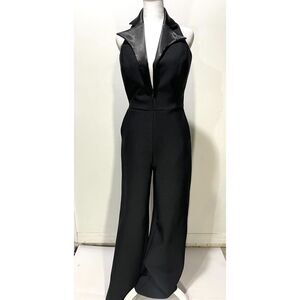 NovaLuxe romper formal pants suit black satin collar cutout back women's L new